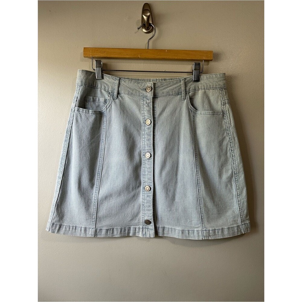 Thread & Supply Button-Front Seersucker Blue Denim A-Line Skirt Size L Summer